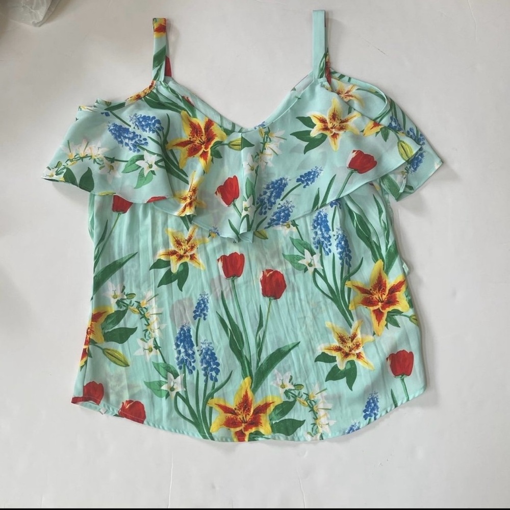 Floral Print Teal Ruffle Design Cold Shoulder Sheer Sleeveless Blouse